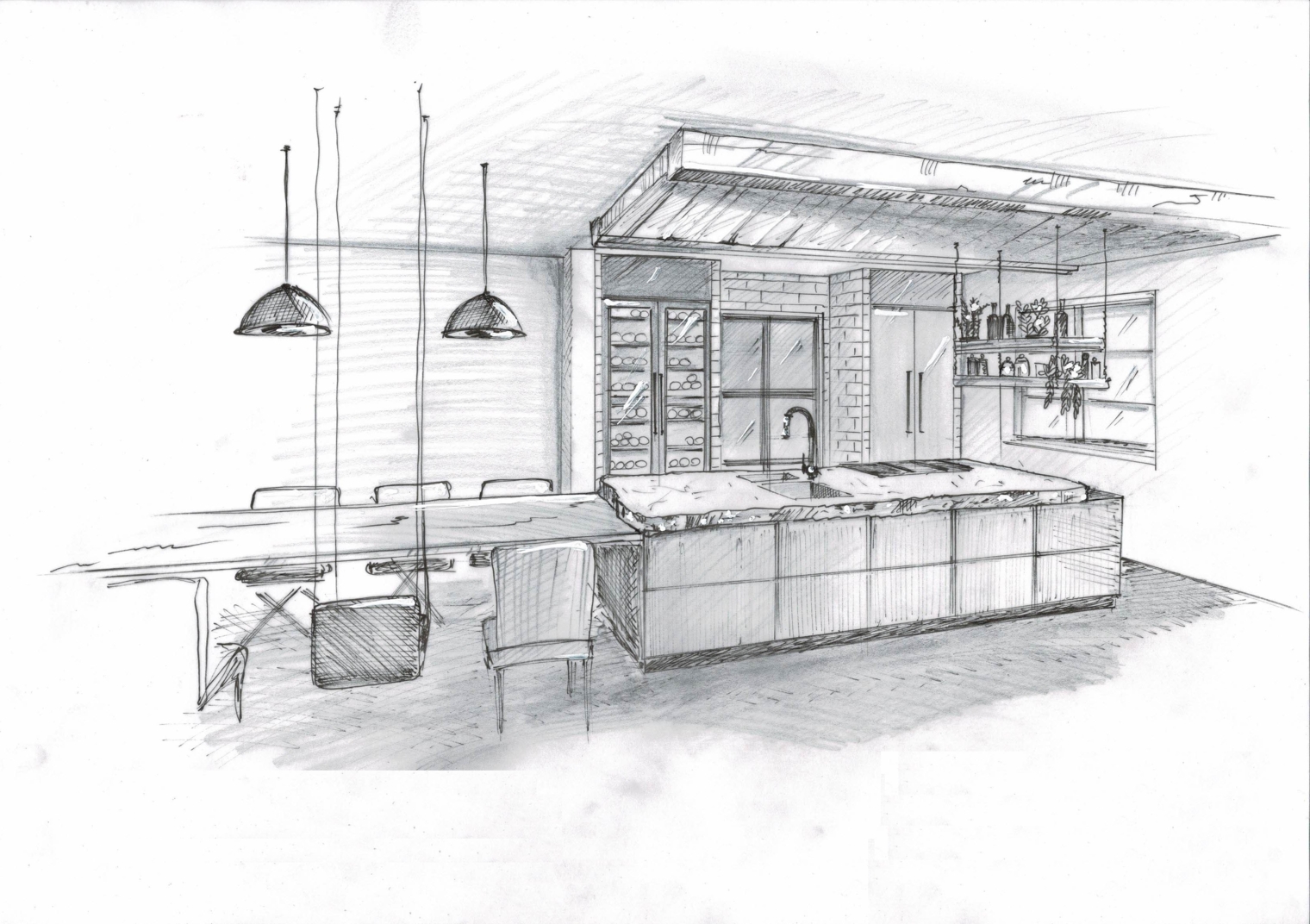 Loft Küche handgefertigt mit großem Esstisch Baumstamm Stuhl an der Decke befestigt, Muschelkalk Arbeitsplatte Natur Bruchkante